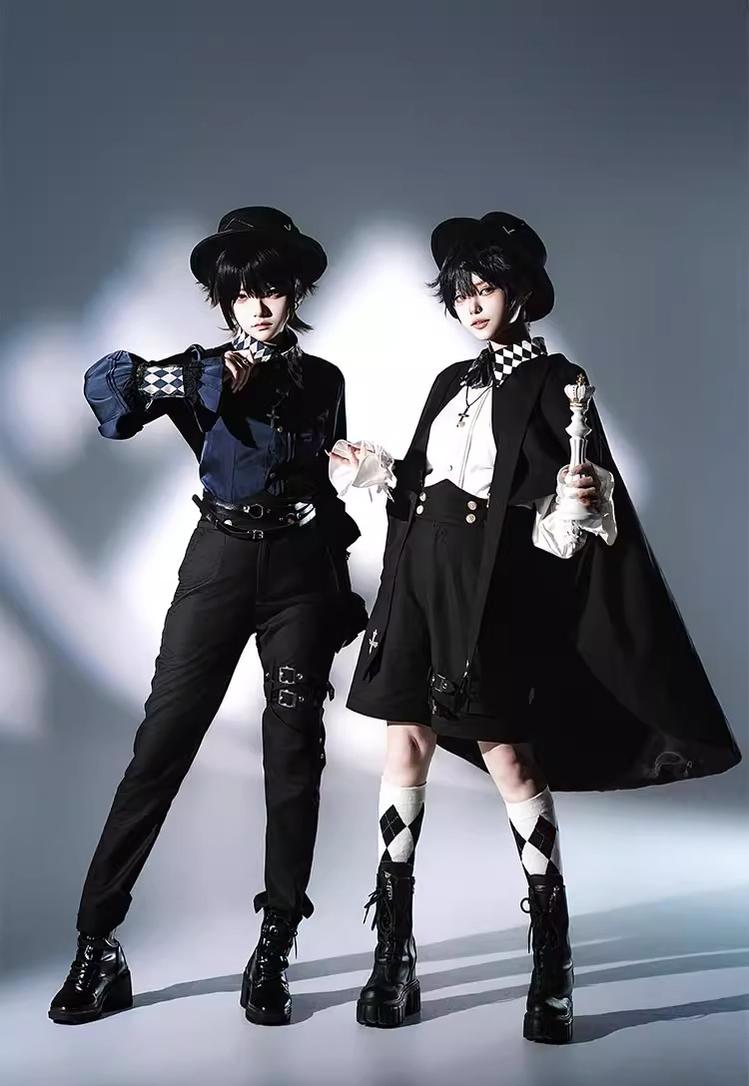 CastleToo - Fantasy Wonderland - Ouji Lolita Checkered Blouse with Suspenders Pants and Cape