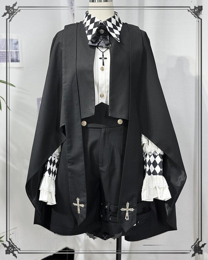 CastleToo - Fantasy Wonderland - Ouji Lolita Checkered Blouse with Suspenders Pants and Cape
