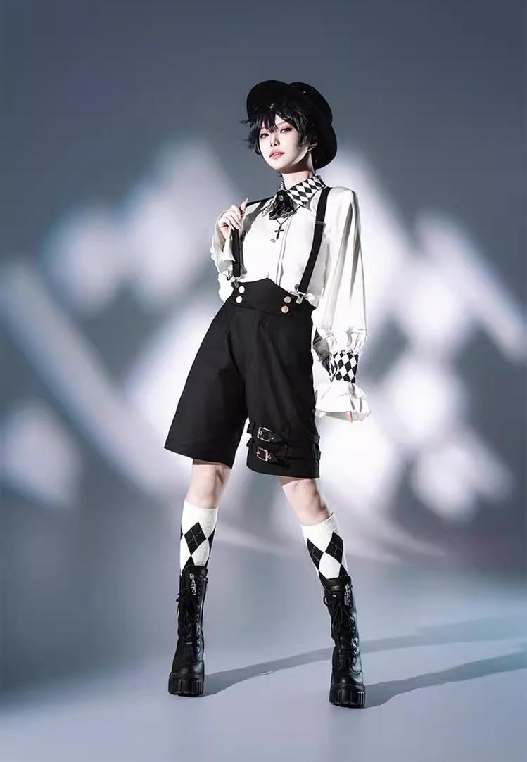 CastleToo - Fantasy Wonderland - Ouji Lolita Checkered Blouse with Suspenders Pants and Cape