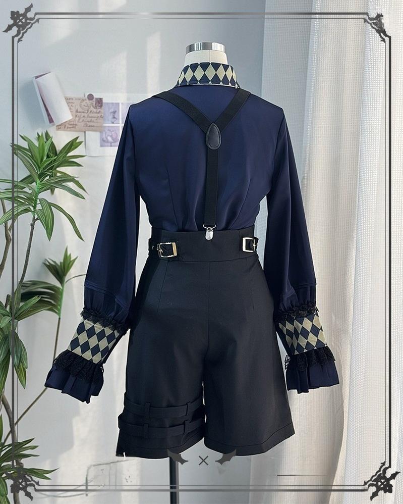 CastleToo - Fantasy Wonderland - Ouji Lolita Checkered Blouse with Suspenders Pants and Cape