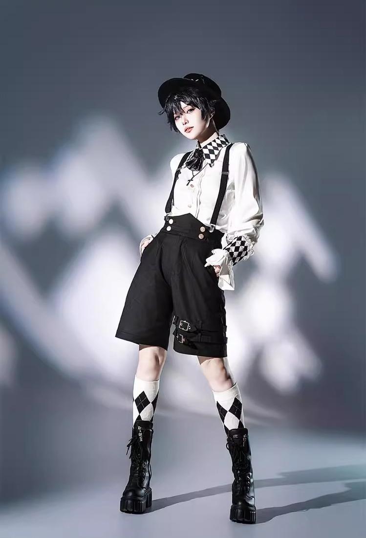 CastleToo - Fantasy Wonderland - Ouji Lolita Checkered Blouse with Suspenders Pants and Cape