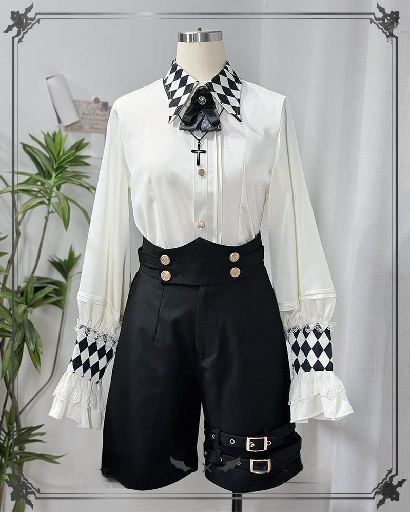CastleToo - Fantasy Wonderland - Ouji Lolita Checkered Blouse with Suspenders Pants and Cape
