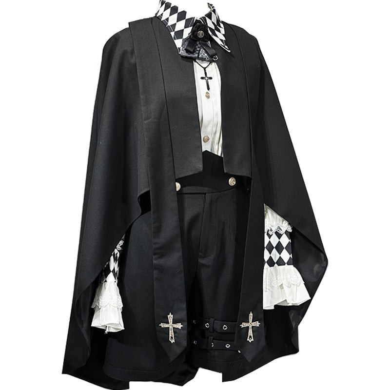 CastleToo - Fantasy Wonderland - Ouji Lolita Checkered Blouse with Suspenders Pants and Cape