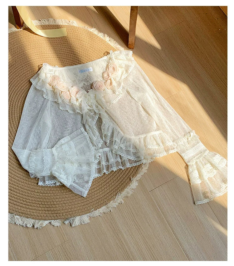 With PUJI - Flower Visage - Summer Lolita Sheer Cardigan with Rose Brooch