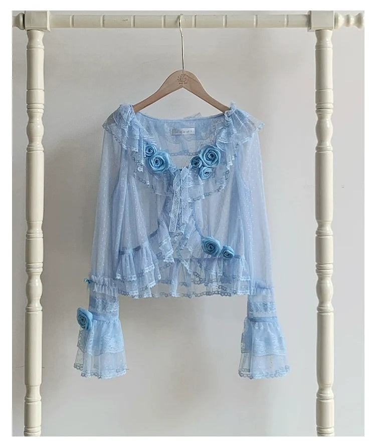 With PUJI - Flower Visage - Summer Lolita Sheer Cardigan with Rose Brooch