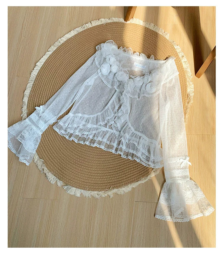 With PUJI - Flower Visage - Summer Lolita Sheer Cardigan with Rose Brooch