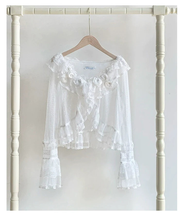 With PUJI - Flower Visage - Summer Lolita Sheer Cardigan with Rose Brooch