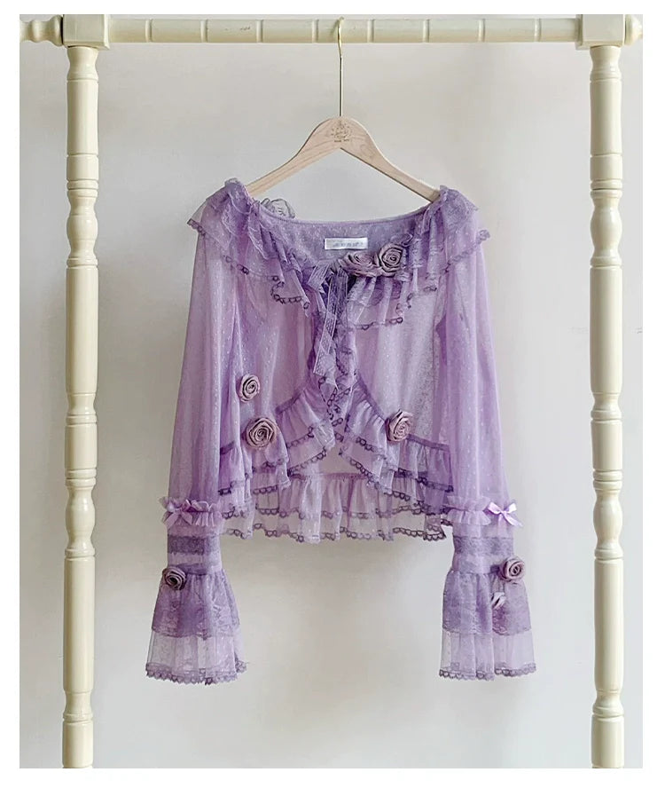 With PUJI - Flower Visage - Summer Lolita Sheer Cardigan with Rose Brooch