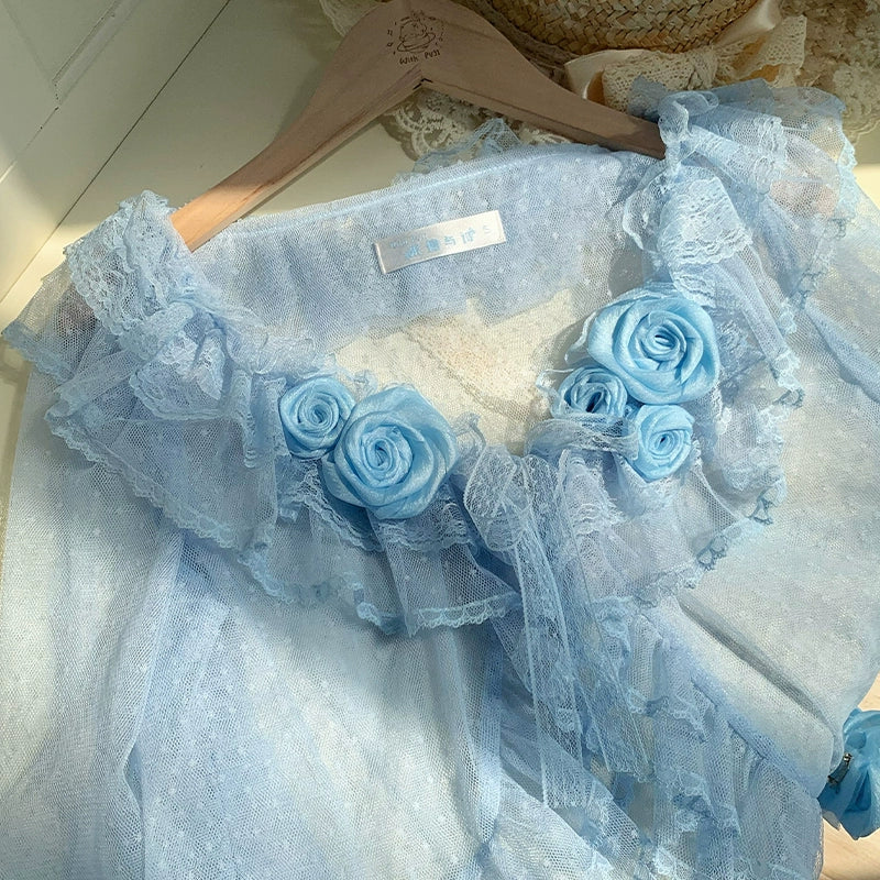 With PUJI - Flower Visage - Summer Lolita Sheer Cardigan with Rose Brooch