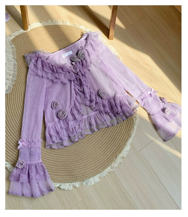 With PUJI - Flower Visage - Summer Lolita Sheer Cardigan with Rose Brooch
