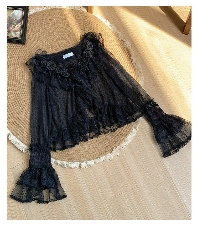 With PUJI - Flower Visage - Summer Lolita Sheer Cardigan with Rose Brooch
