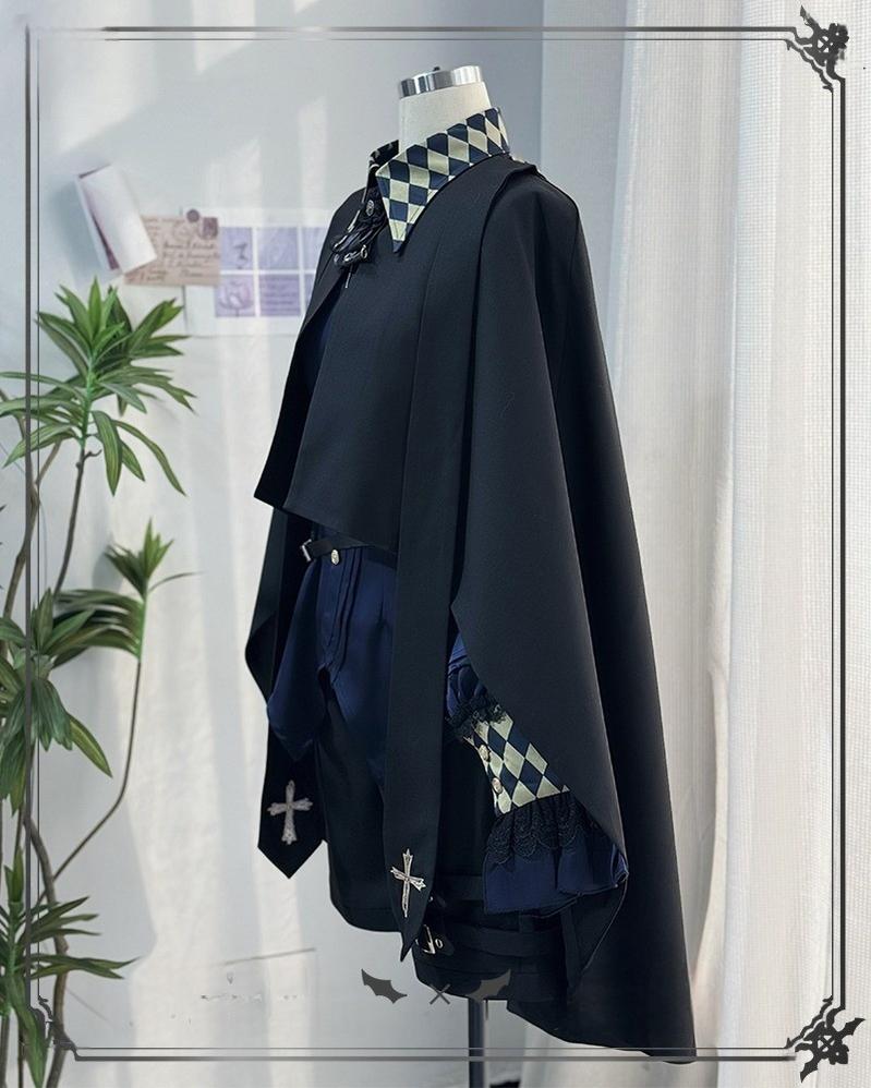 CastleToo - Fantasy Wonderland - Ouji Lolita Checkered Blouse with Suspenders Pants and Cape