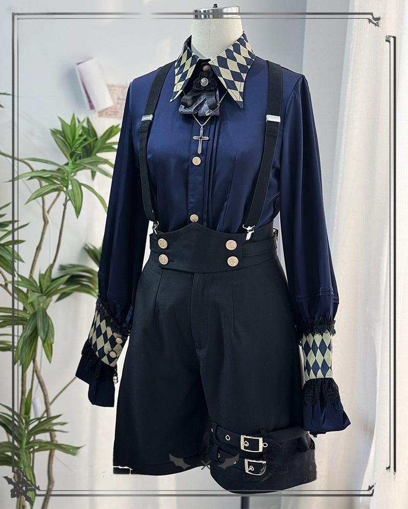 CastleToo - Fantasy Wonderland - Ouji Lolita Checkered Blouse with Suspenders Pants and Cape