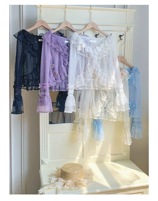 With PUJI - Flower Visage - Summer Lolita Sheer Cardigan with Rose Brooch